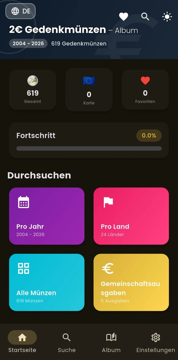 Startseite der 2-Euro-Gedenkmünzen-App auf Deutsch