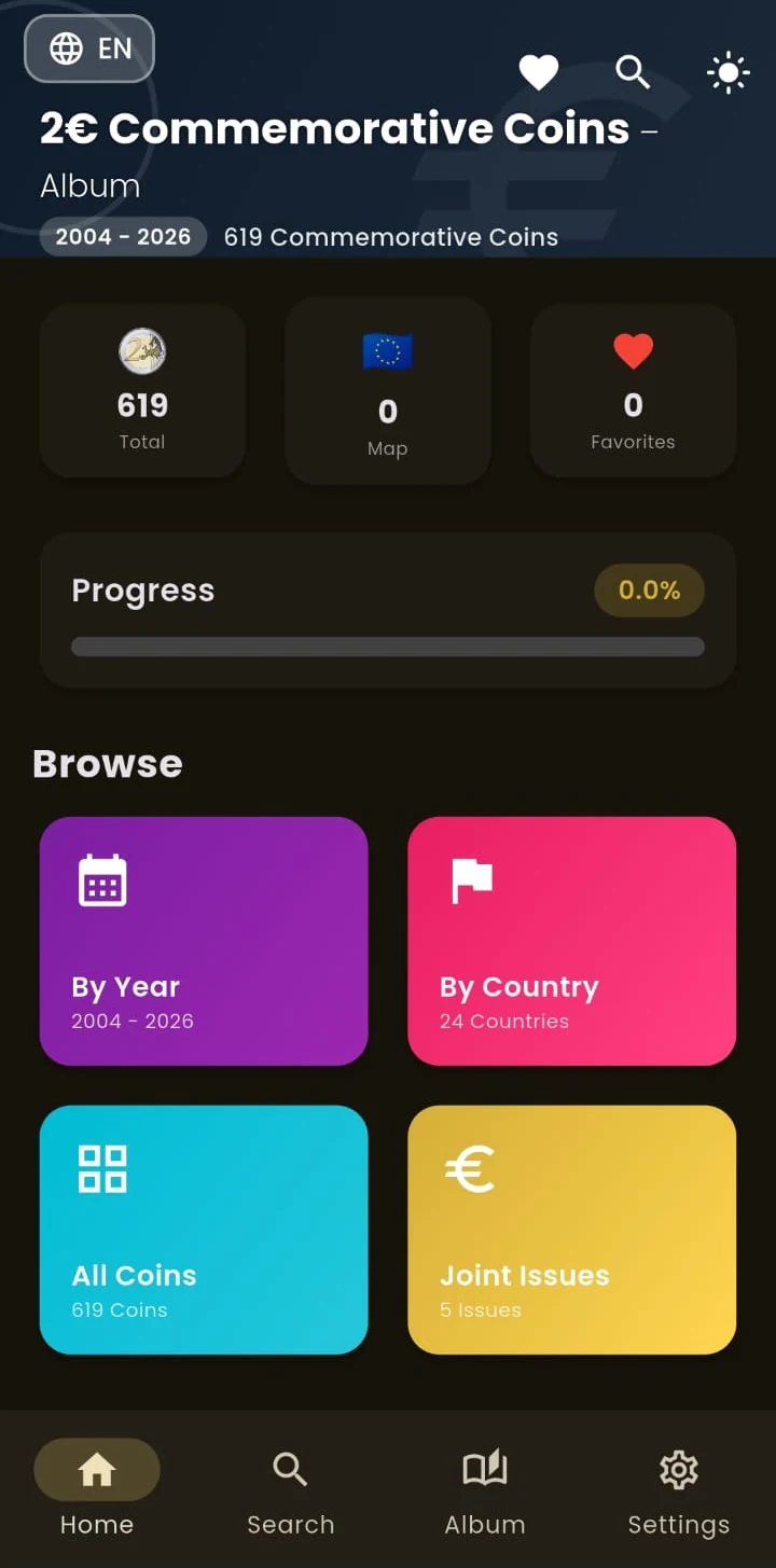 2 euro commemorative coins app home screen in English
