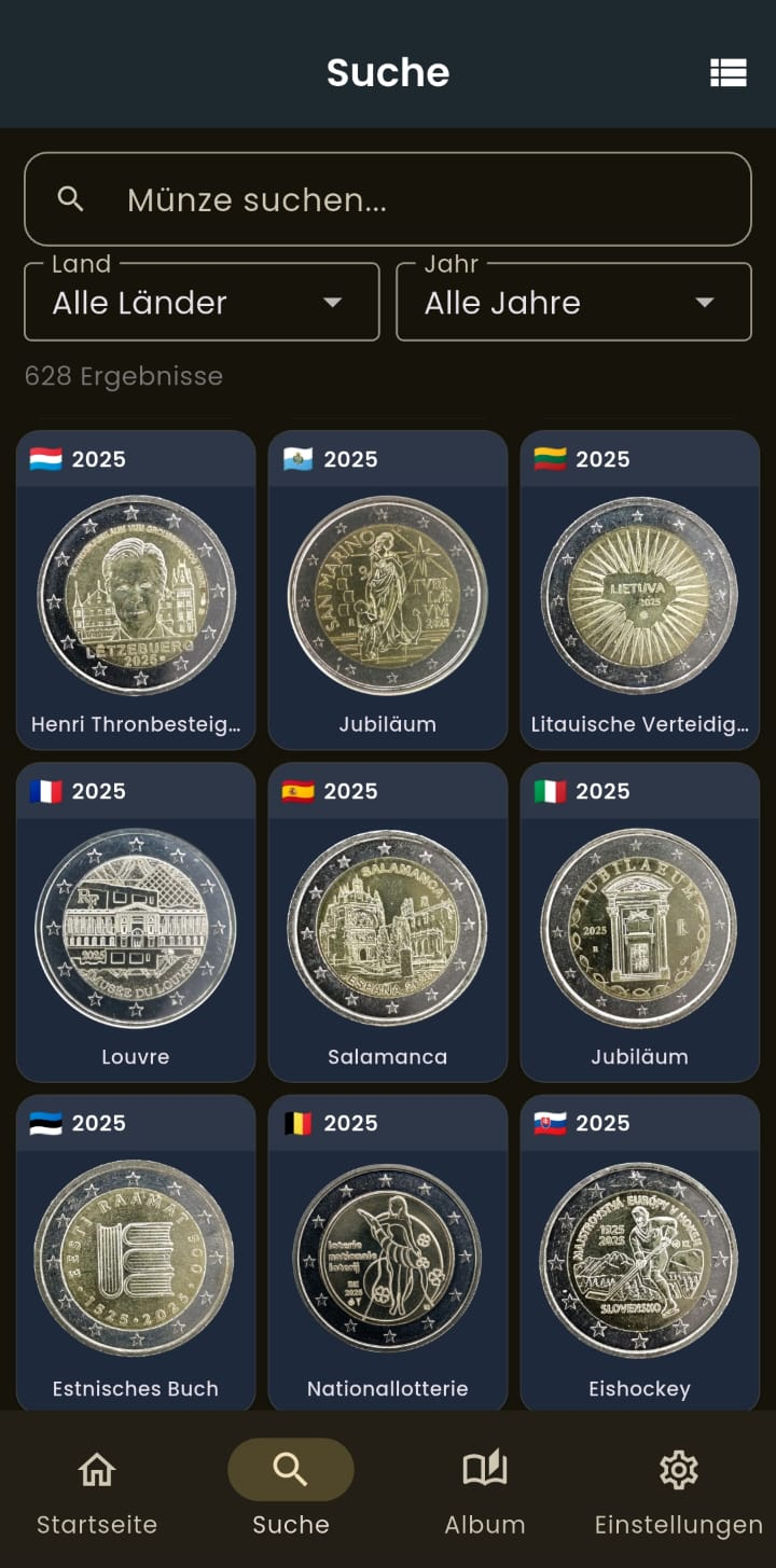 Münzsuche der 2-Euro-Gedenkmünzen-App auf Deutsch