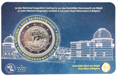 Belgien 2026 – 200 Jahre Königliche Belgische Sternwarte und 50 Jahre Nationales Geographisches Institut – Coincard – Niederländisch (NL)